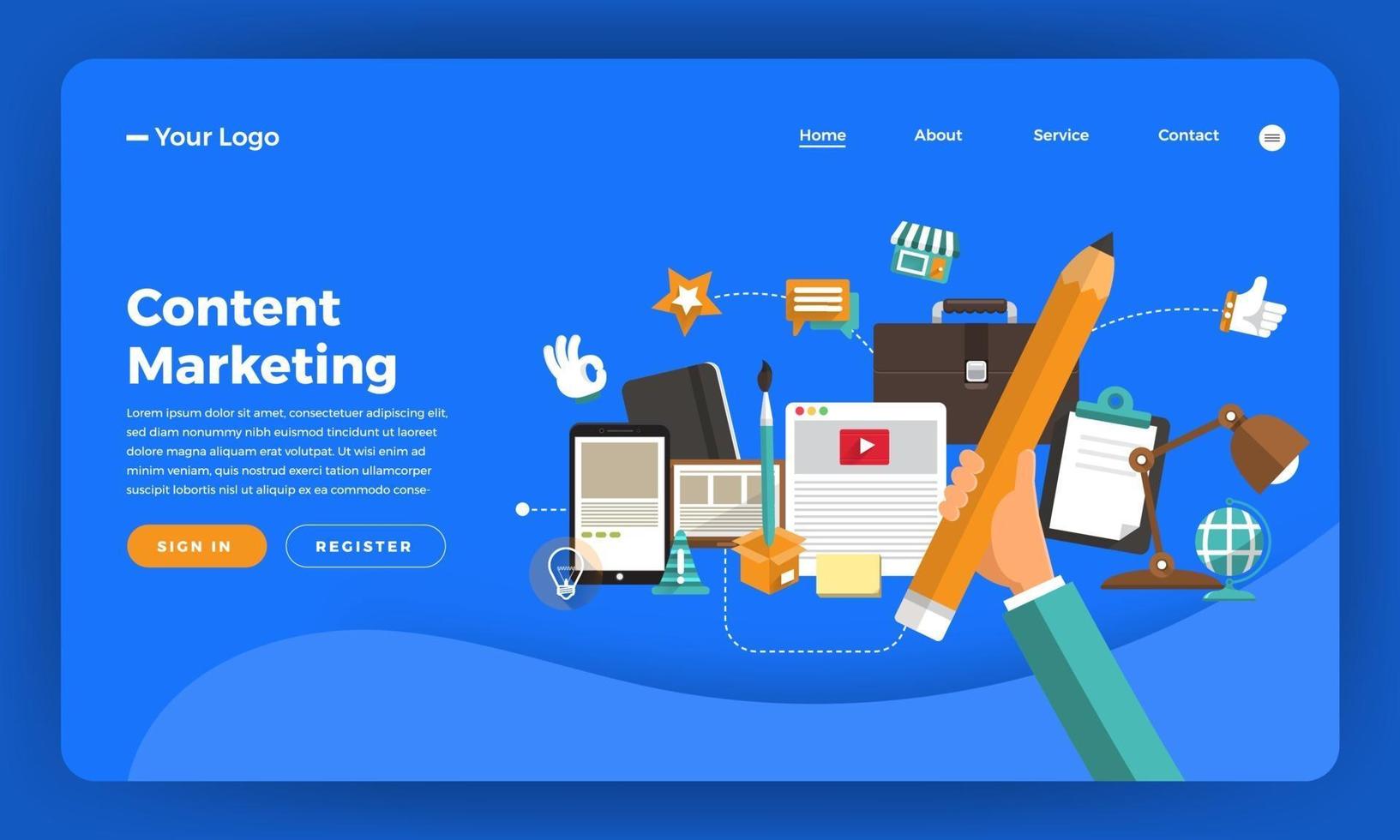 mockup di sito Web di content marketing con elementi aziendali vettore