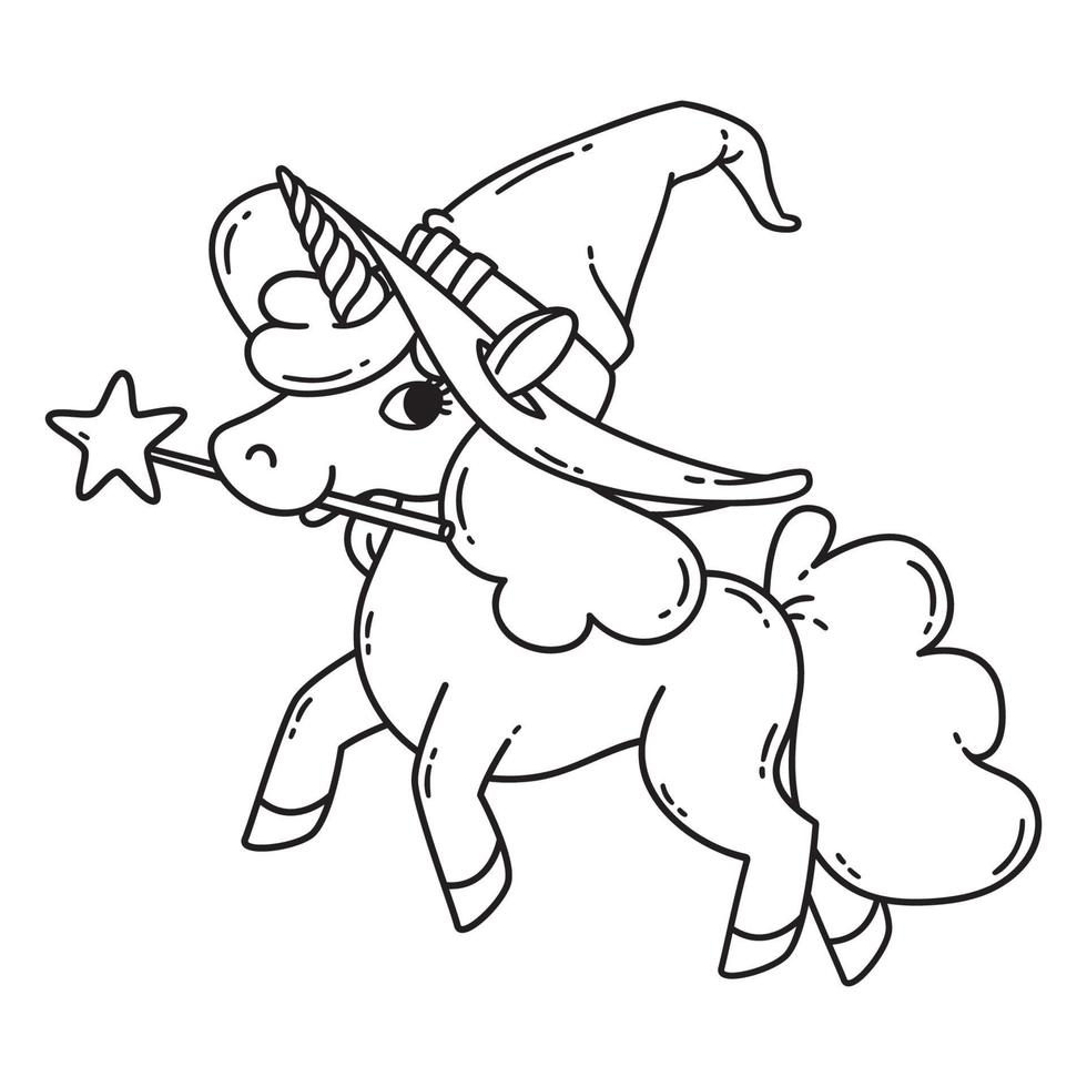 unicorno di halloween con bacchetta magica e cappello da strega. vettore