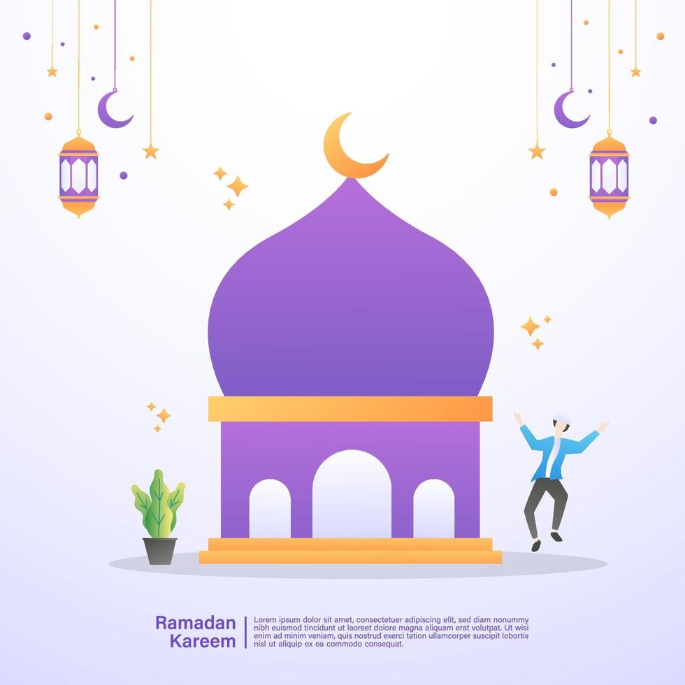 un musulmano è felice di accogliere il mese di ramadan. illustrazione concetto di ramadan kareem vettore