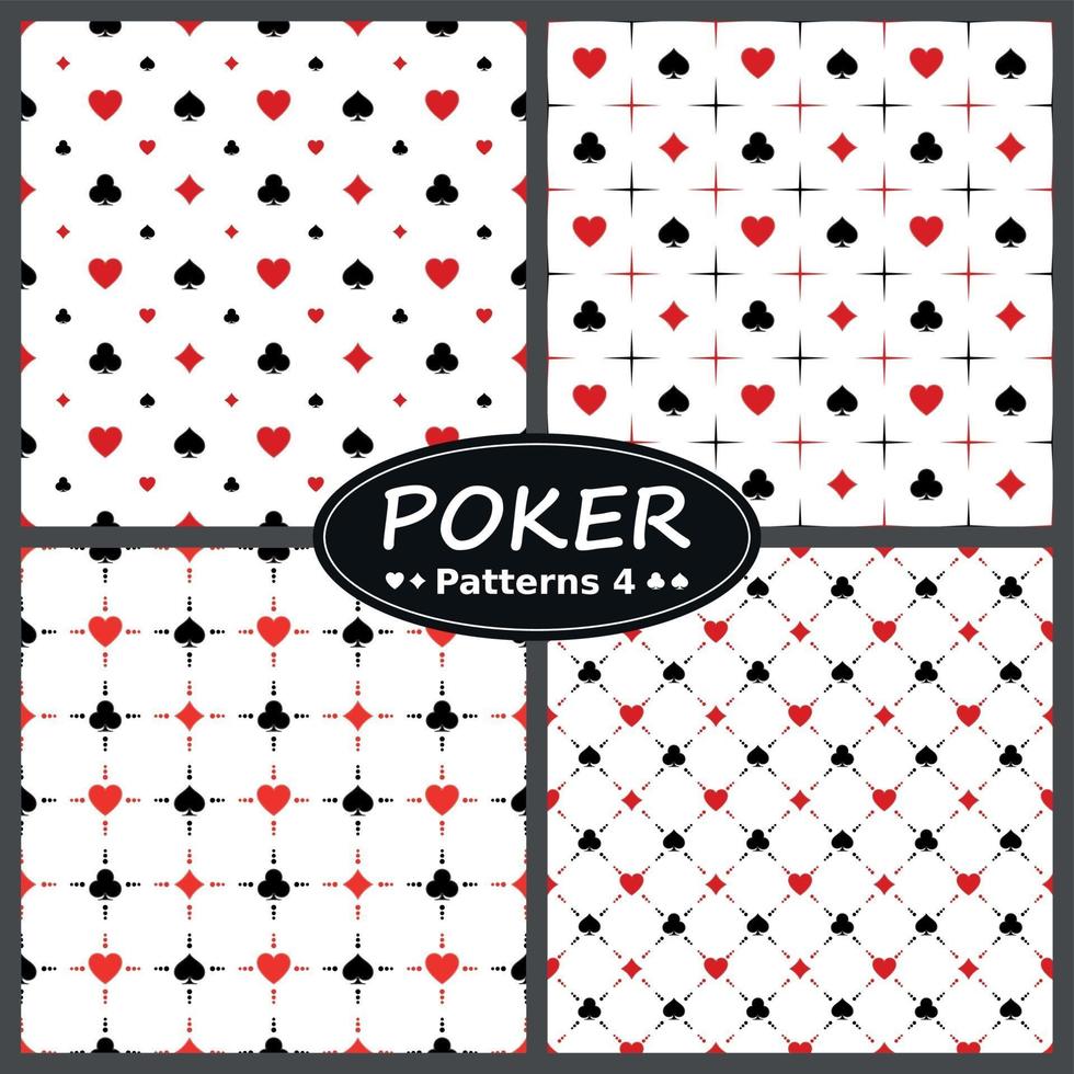 disegno vettoriale, quattro modelli di poker, con i simboli cuore, diamante, asso, trifoglio, tutti su sfondo bianco. vettore