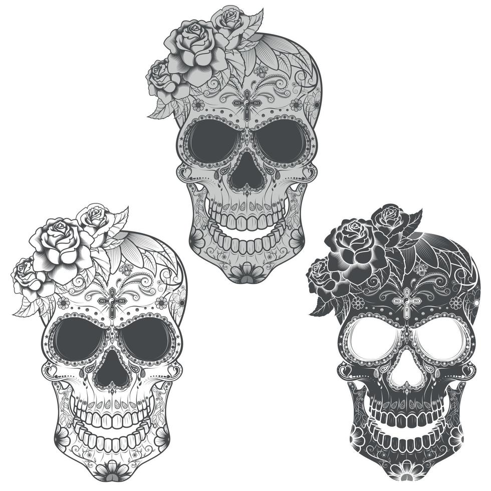 giorno messicano dei morti, illustrazione del cranio in scala di grigi vettore