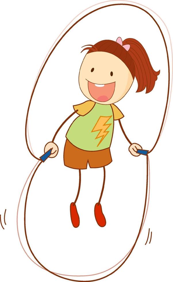 un personaggio dei cartoni animati di doodle kid saltare la corda isolato vettore