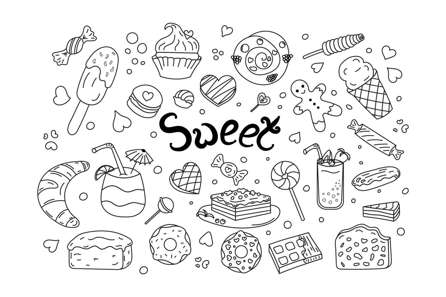 impostato dolci scarabocchio. nero e bianca linea vettore illustrazione. cibo dolci, dolce, cioccolato, torte.