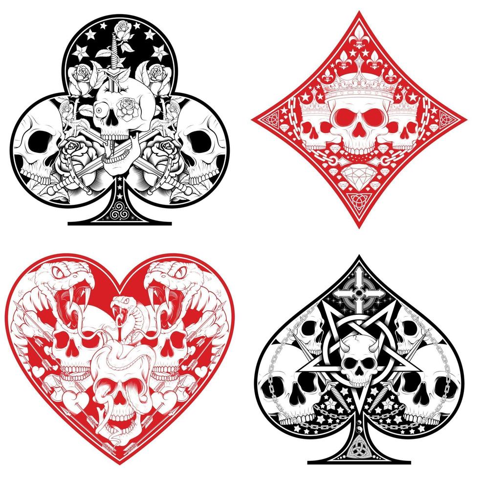 simboli di poker cuore, diamante, trifoglio e asso con diversi disegni di teschi. vettore