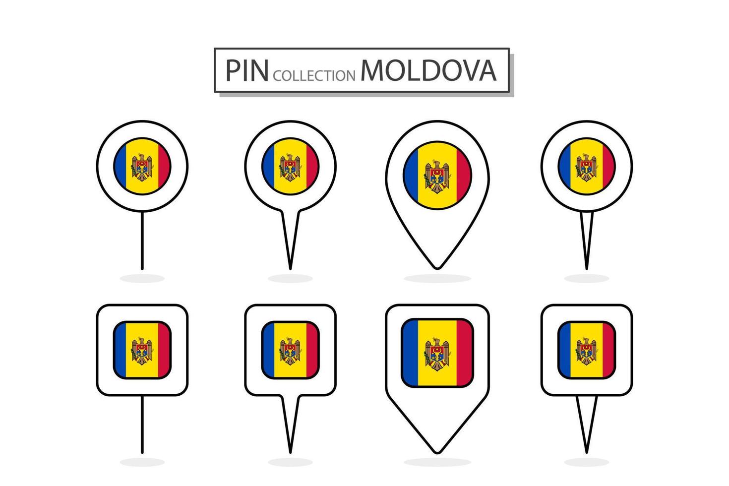 impostato di piatto perno moldova bandiera icona nel diverso forme piatto perno icona illustrazione design. vettore