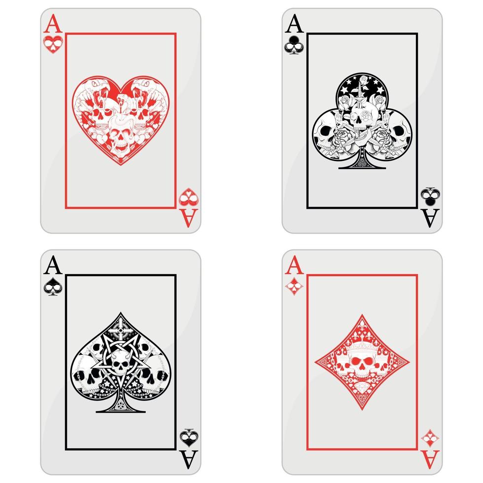 disegno vettoriale di carte da poker con teschi, i simboli del cuore, diamante, trifoglio e asso con stili diversi.
