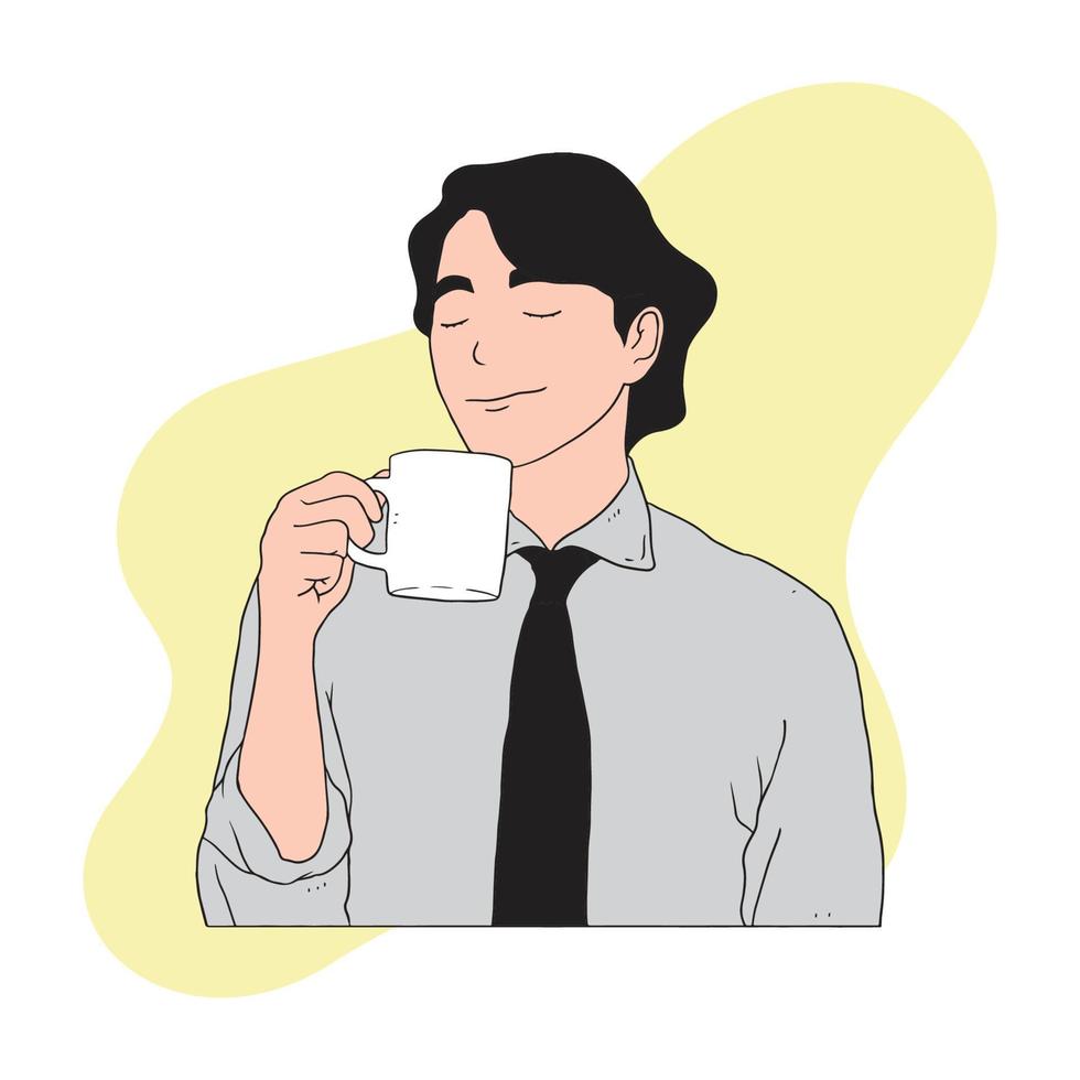 un' uomo nel un' cravatta è godendo un' tazza di caffè vettore