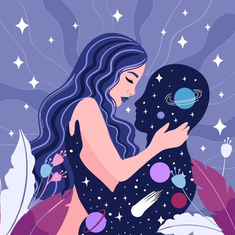 spirituale ragazza, fusione con il universo, spazio amore. sognare, pensato e meditazione concetto. vettore illustrazione