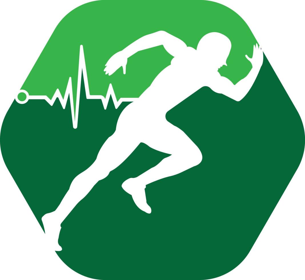 pulse maratona logo design icona vettore. corpo Salute cura logo design. in esecuzione uomo con linea ecg battito cardiaco icona. vettore