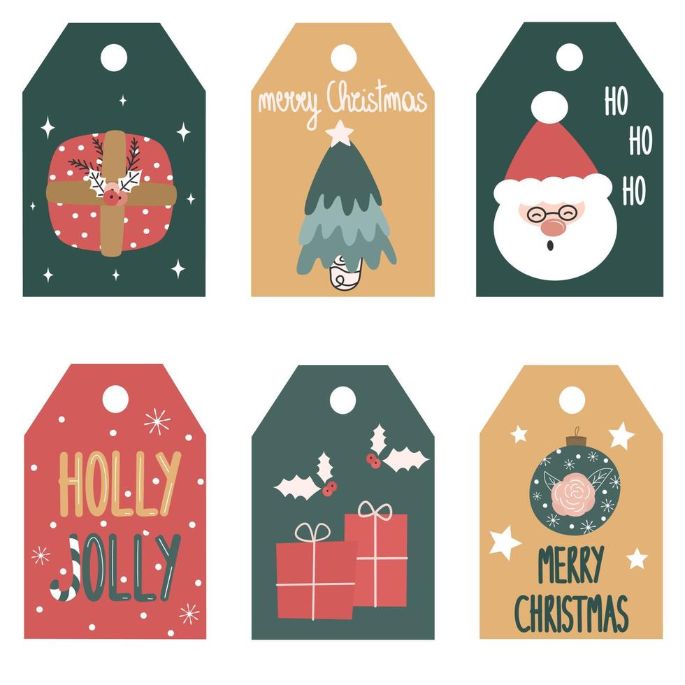 carino mano disegnato Natale regalo tag impostato vettore collezione con inverno stagione vacanze tradizionale elementi e lettering testo