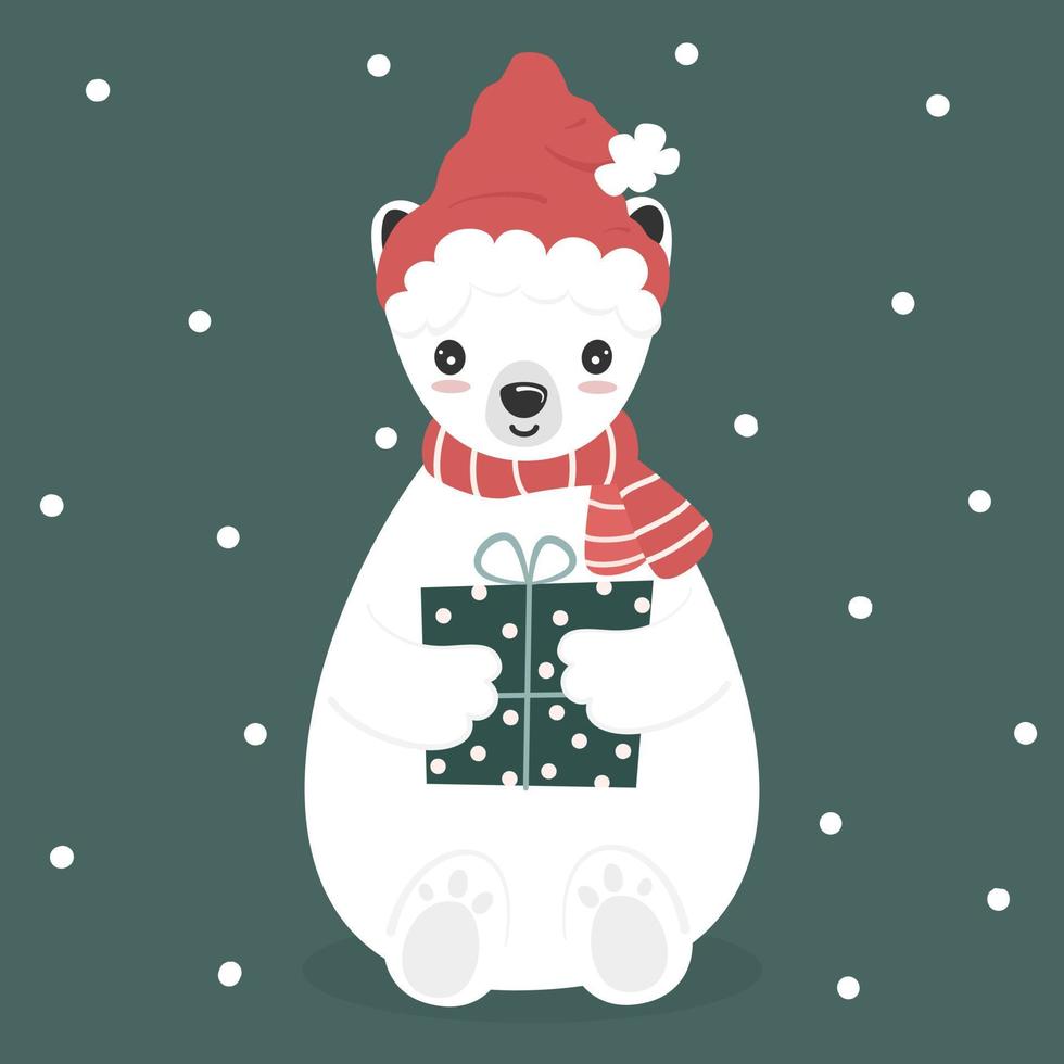 carino bello mano disegnato cartone animato personaggio bambino bianca polare orso con Santa Claus cappello e regalo scatola inverno vacanza vettore illustrazione per Natale saluto carta