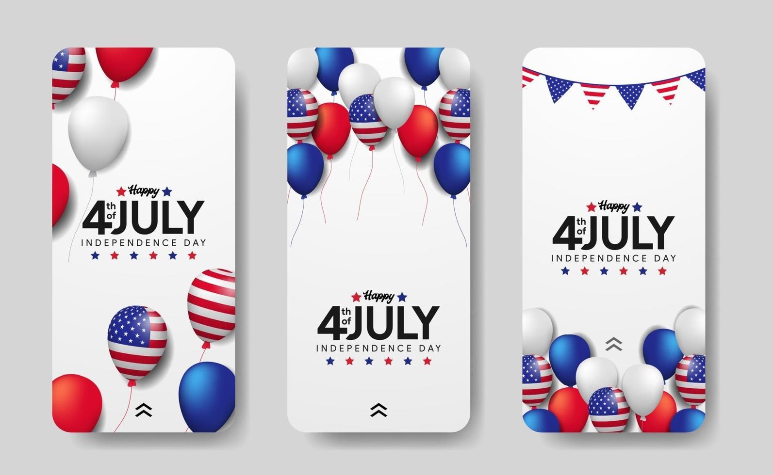 storie di modelli di social media per il 4 luglio giorno dell'indipendenza americana con festa in mongolfiera 3d vettore