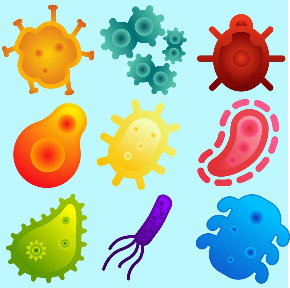 virus e batteri vettore illustrazione impostare. microrganismo illustrazione di coronavirus, pandemia, scoppio o quarantena. covid-19 illustrazione per quanto riguarda virus, infezione, batteri, germe e malattia