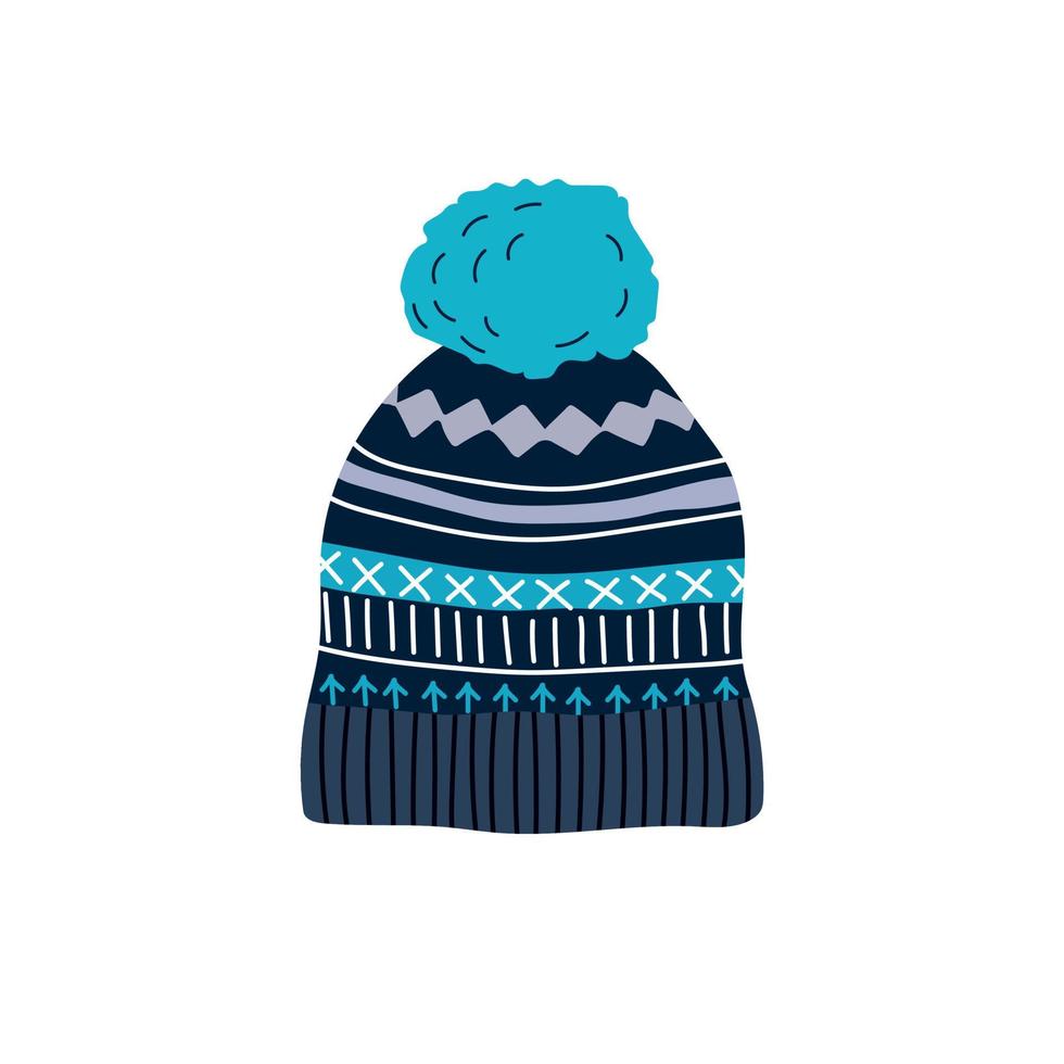 a maglia blu inverno cappello con bubbone. inverno Abiti. piatto vettore illustrazione.