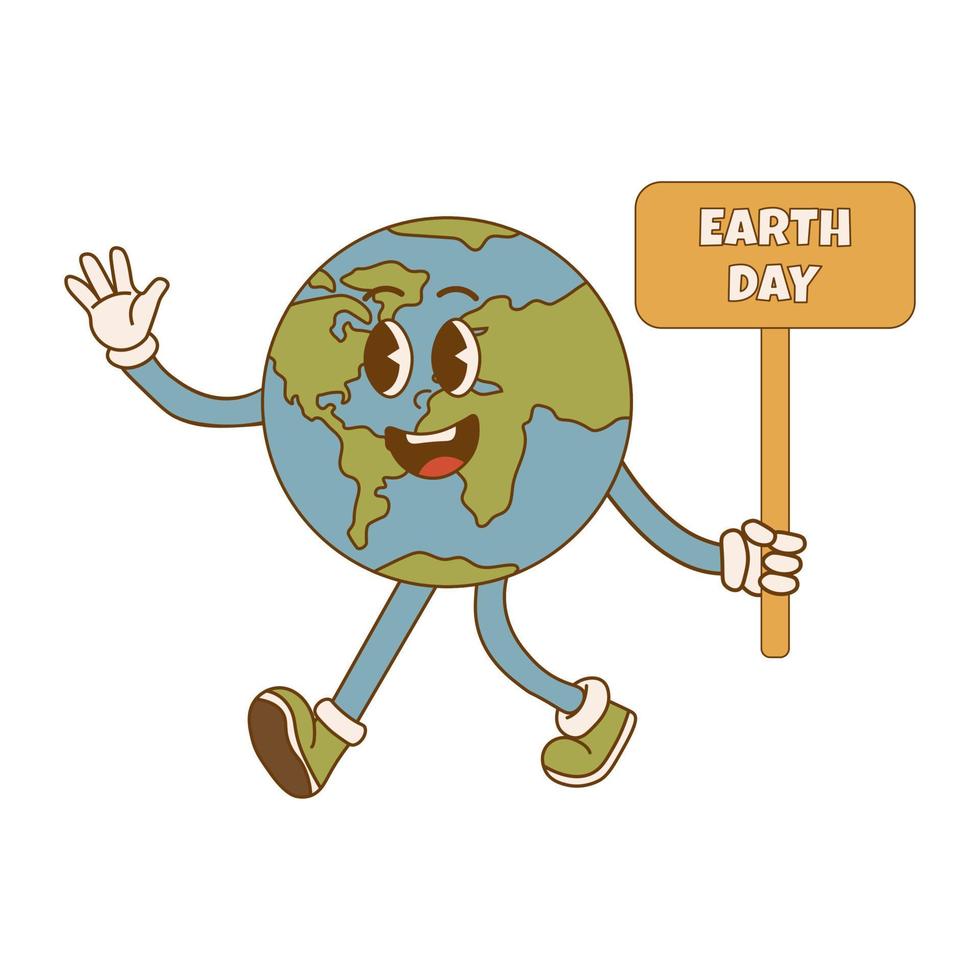 terra giorno. cartone animato carino terra pianeta personaggio nel retrò stile. ambientale eco concetto vettore