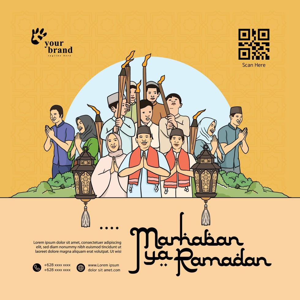 manifesto idea per Ramadan con musulmano persone disegnato a mano illustrazione vettore