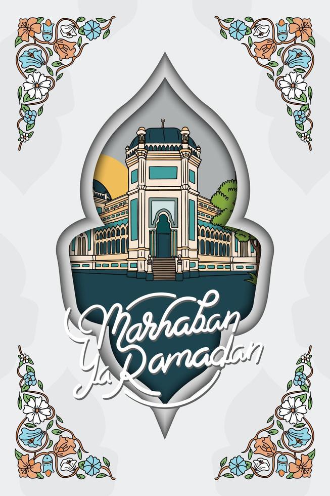 Ramadan illustrazione con islamico modello e mano lettering marhaban ya Ramadan vettore