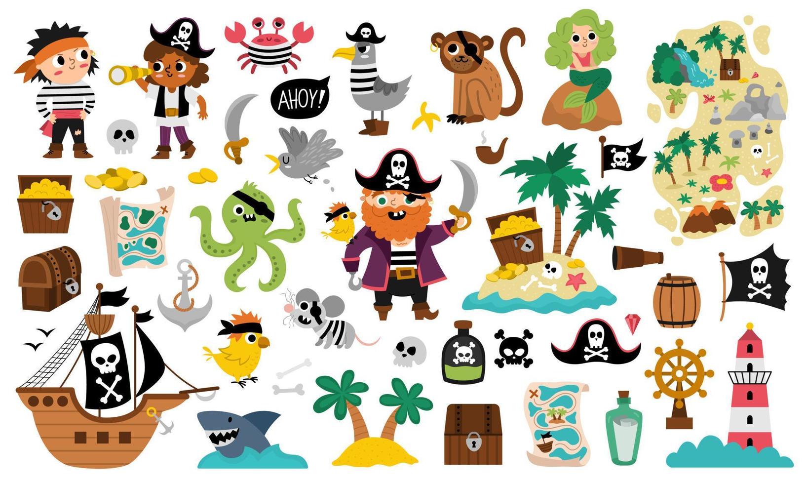 vettore pirata impostare. carino mare avventure icone collezione. Tesoro isola illustrazioni con nave, Capitano, marinai, il petto, carta geografica, pappagallo, scimmia, carta geografica. divertente pirata festa elementi per bambini.
