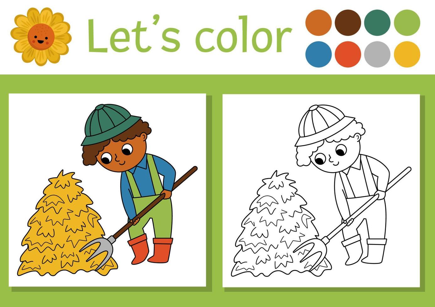 su il azienda agricola colorazione pagina per bambini con contadino e fieno. vettore rurale nazione schema illustrazione con carino azienda agricola lavoratore. colore libro per bambini con colorato esempio. disegno stampabile foglio di lavoro