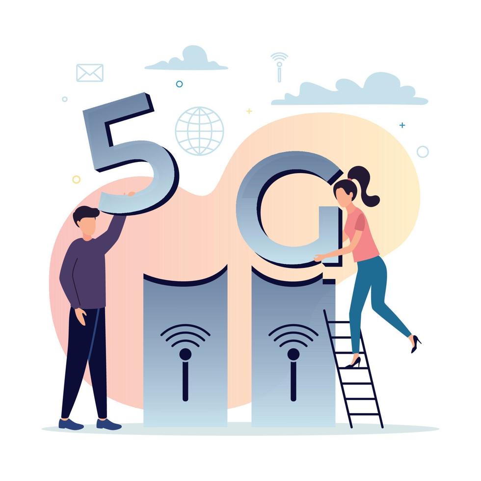 5g mobile Internet. un' donna su il le scale mette il lettera g su il Torre, il uomo mette il numero 5, contro il sfondo di il Rete, Internet, Torre, nuvole icone. vettore illustrazione.