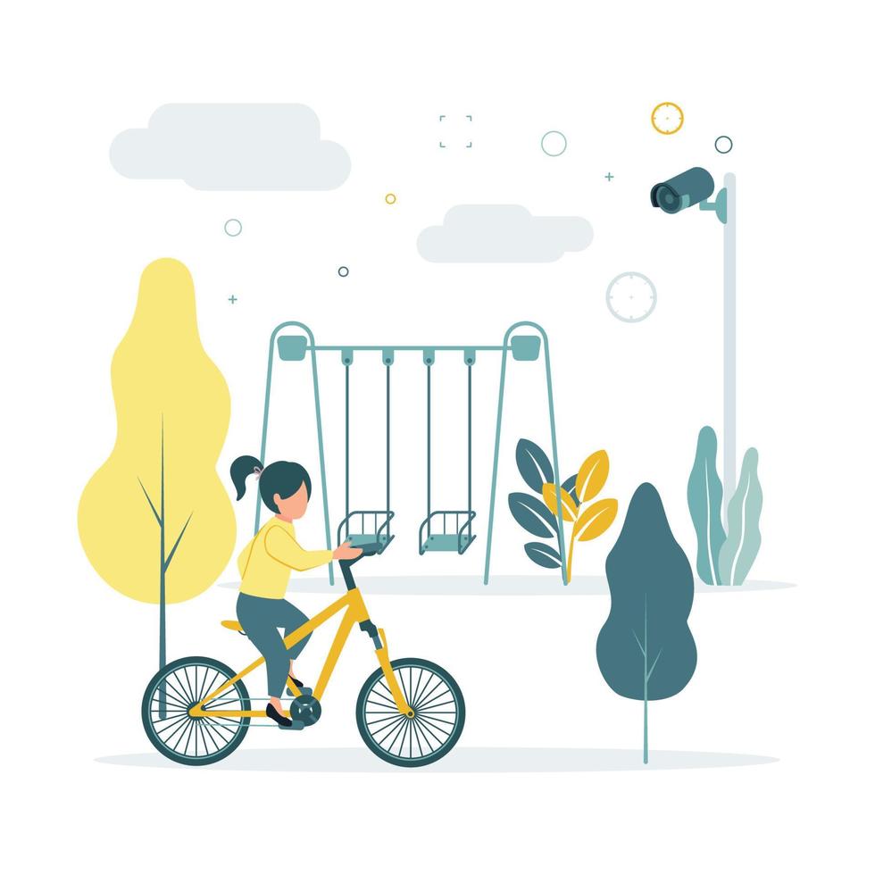 cctv. vettore illustrazione un' ragazza cavalcate un' bicicletta nel il parco vicino un' oscillazione, un' sorveglianza telecamera germogli, contro il sfondo di alberi, alberi, nuvole.