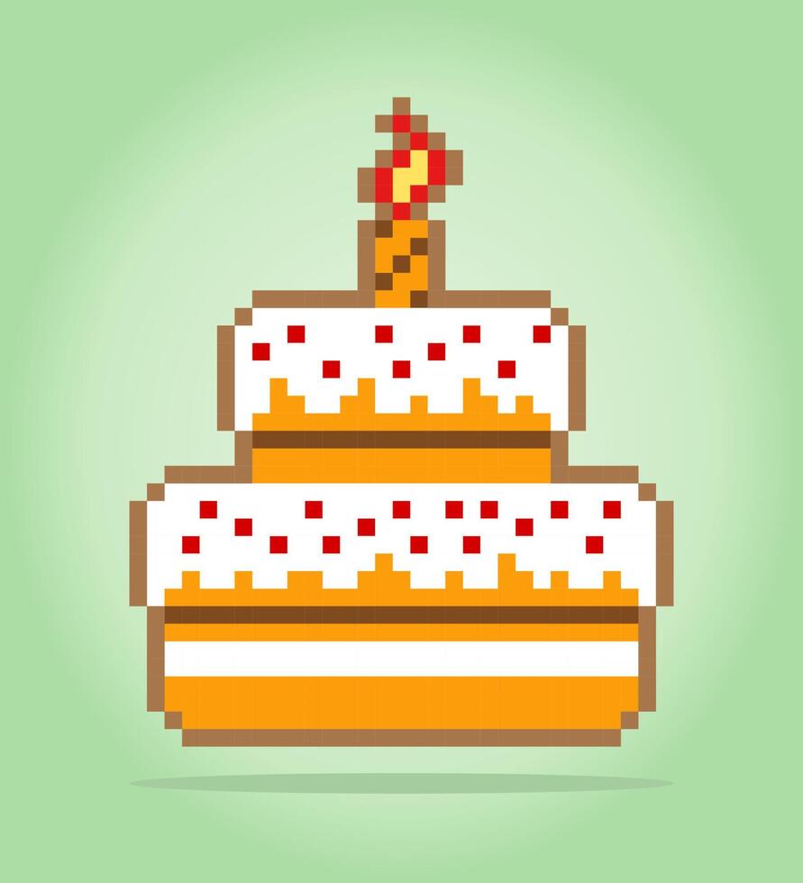 Torta di compleanno a 8 bit. articolo alimentare per le risorse di gioco nell'illustrazione vettoriale. vettore