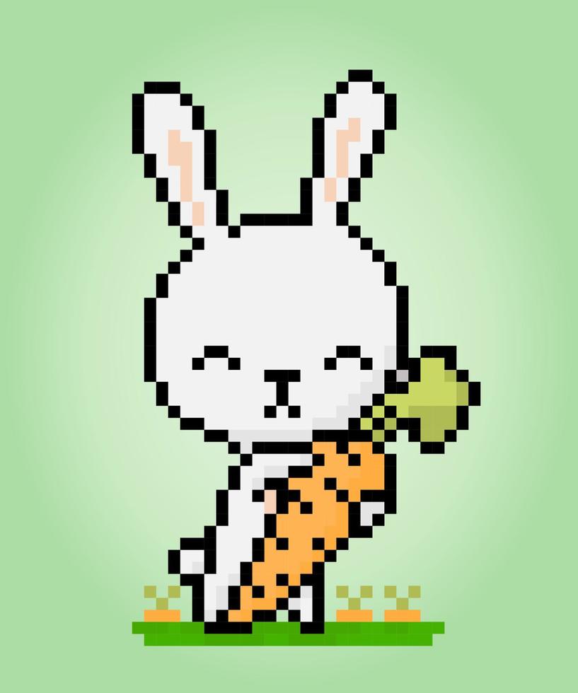 coniglietto pixel 8 bit con in mano una carota. risorse di gioco animale nell'illustrazione vettoriale. vettore