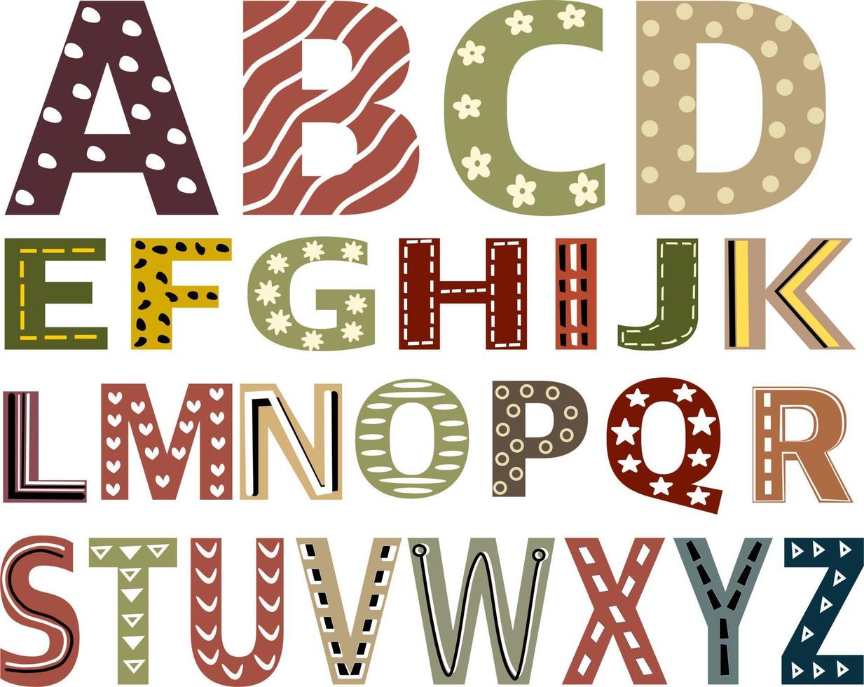 carino font inglese alfabeto decorato con puntini , geometria, Linee e scarabocchi. capitale lettera vettore illustrazione. bambini font colorato design.