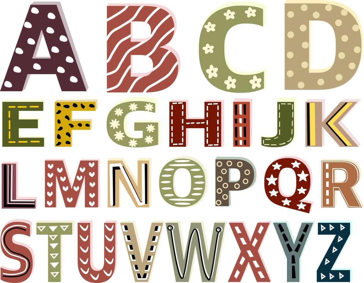 carino font inglese alfabeto decorato con puntini , geometria, Linee e scarabocchi. capitale lettera vettore illustrazione. bambini font colorato design. 3d caratteri.