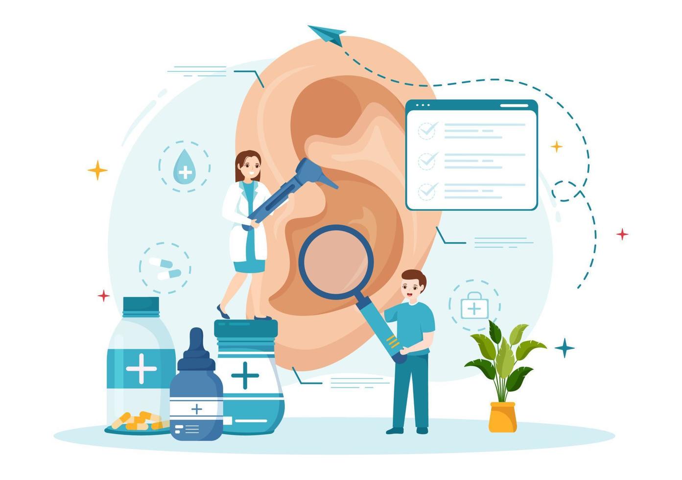 otorinolaringoiatra illustrazione con medico relativa per il orecchio, naso e gola nel assistenza sanitaria piatto cartone animato mano disegnato atterraggio pagina modelli vettore