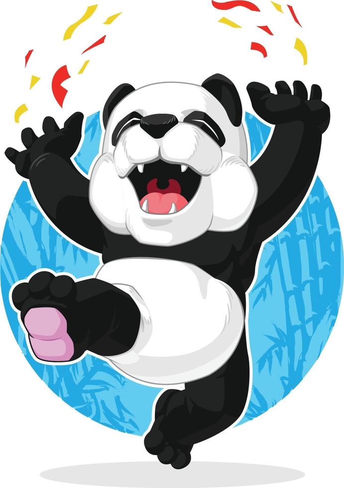 Panda gigante felice che celebra l'illustrazione emozionante del fumetto di salto vettore