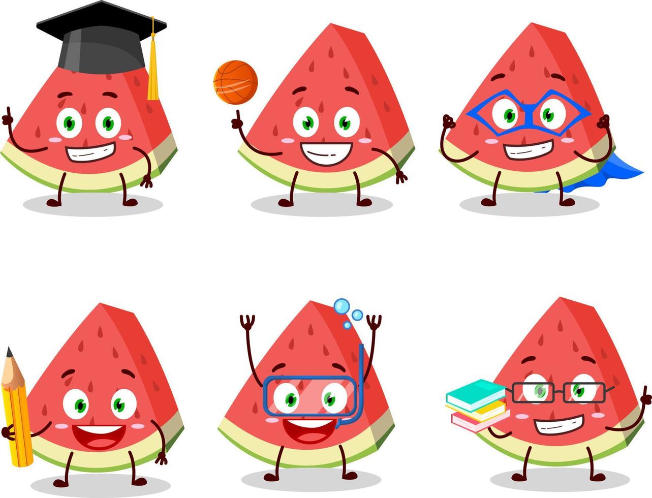 scuola alunno di barra di anguria cartone animato personaggio con vario espressioni vettore
