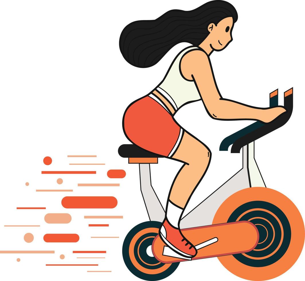 fitness ragazza equitazione un' bicicletta nel il fitness centro illustrazione nel scarabocchio stile vettore