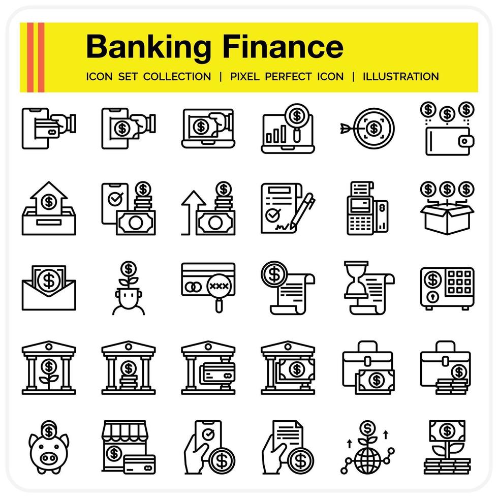 set di icone di contorno di finanza bancaria vettore