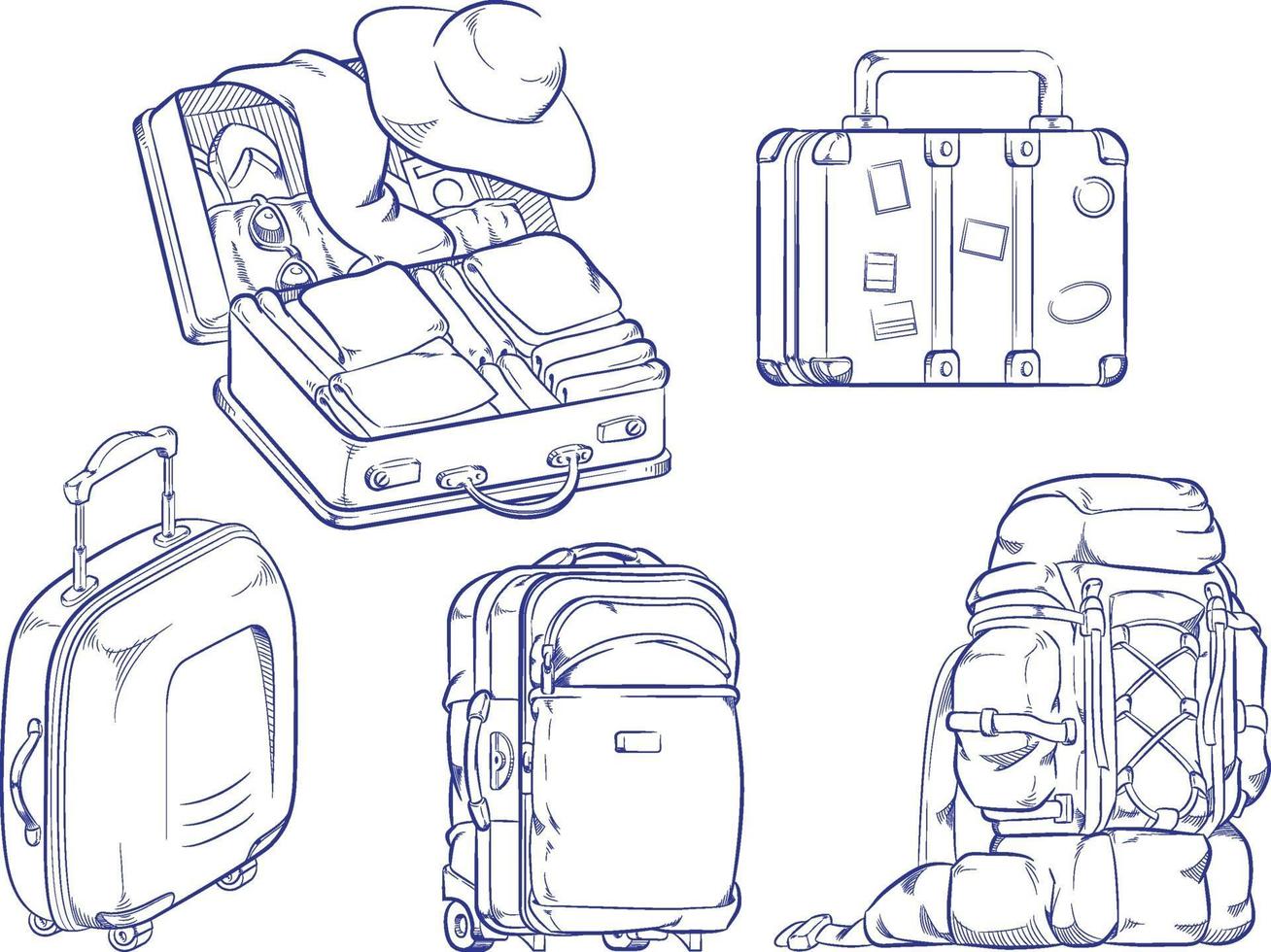 schizzo vacanza viaggio valigia borsa doodle contorno disegno vettoriale