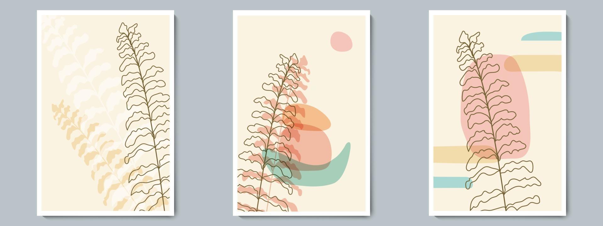 set di poster di contorno vettoriale di arte botanica da parete. fogliame minimalista con forma semplice astratta.