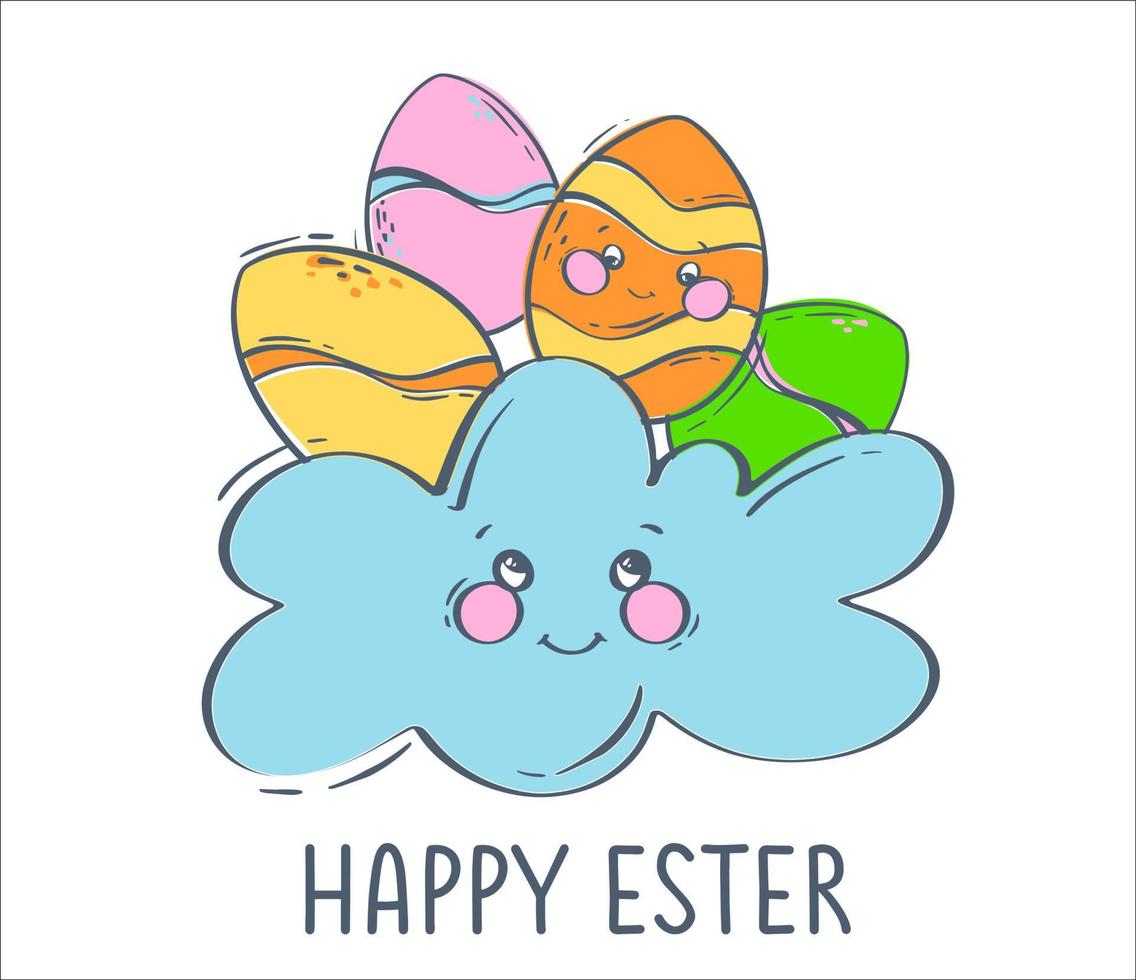 composizione con decorato Pasqua uova su un' carino nube con un' Sorridi. colorato uova per il primavera vacanza. piatto vettore illustrazione per concettuale design. saluto carta disposizione.