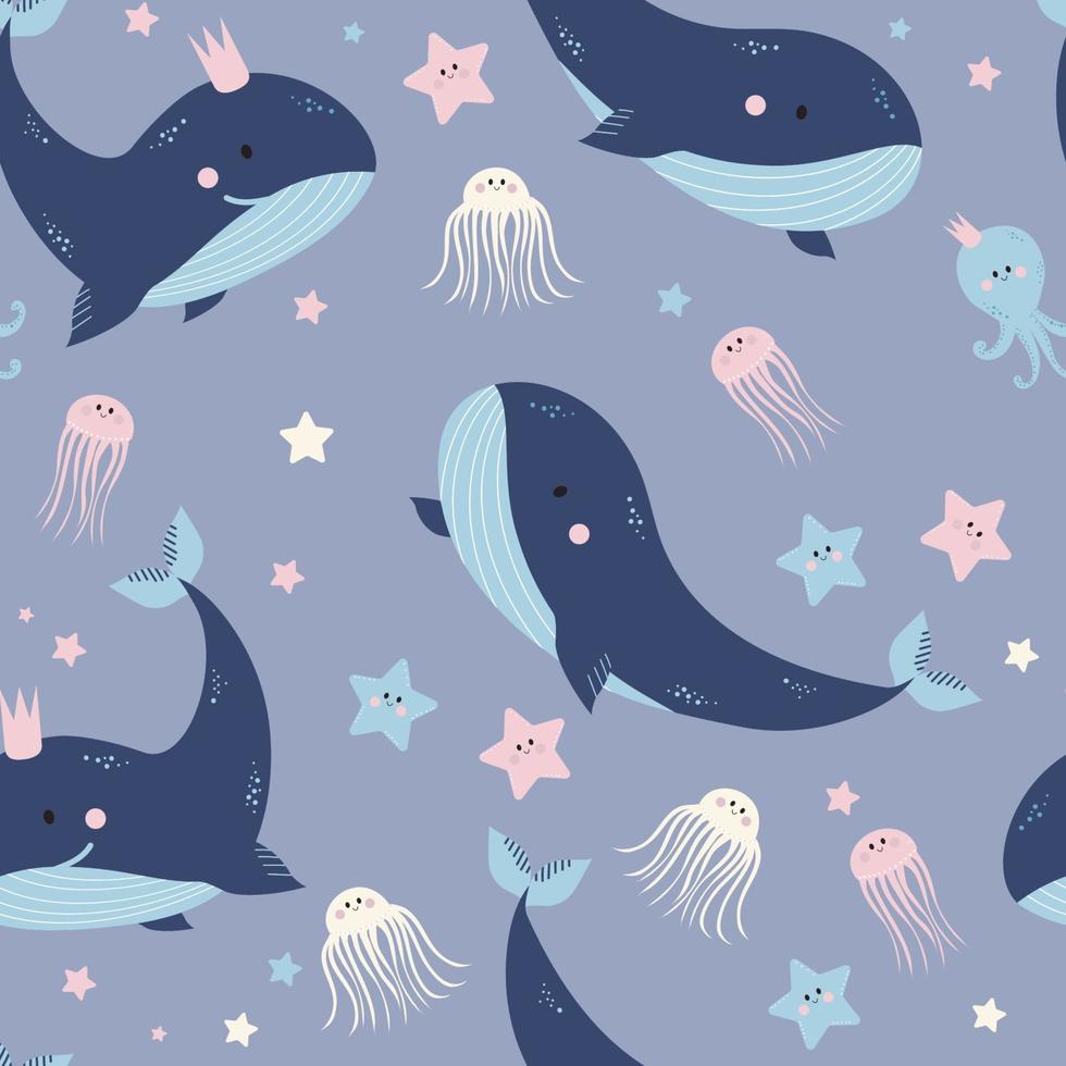 modelli senza cuciture con animali marini. simpatiche balene blu, meduse e stelle marine su sfondo viola chiaro. vettore. per il design, l'arredamento, la stampa, i tessuti, l'imballaggio e la carta da parati vettore