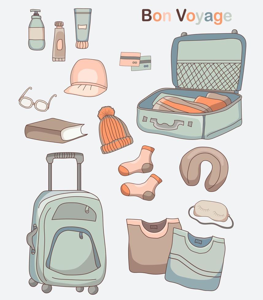 set di disegni vettoriali di bagagli, vestiti e cose per viaggi e vacanze.