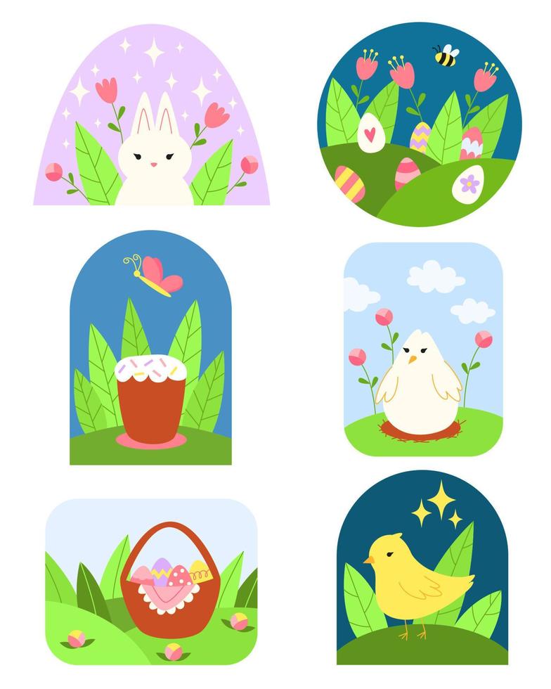 impostato primavera Pasqua carino animale personaggi e giardino elementi. cartone animato Pasqua coniglietto, uova nel cestino, fiori, Pasqua torta, polli e uccelli. vettore