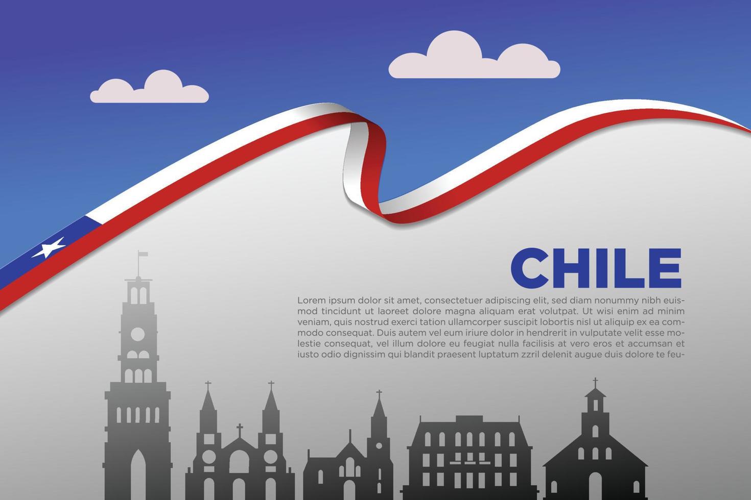 chile bandiera copertina sfondo con nazionale bandiera nastro e famoso punti di riferimento vettore