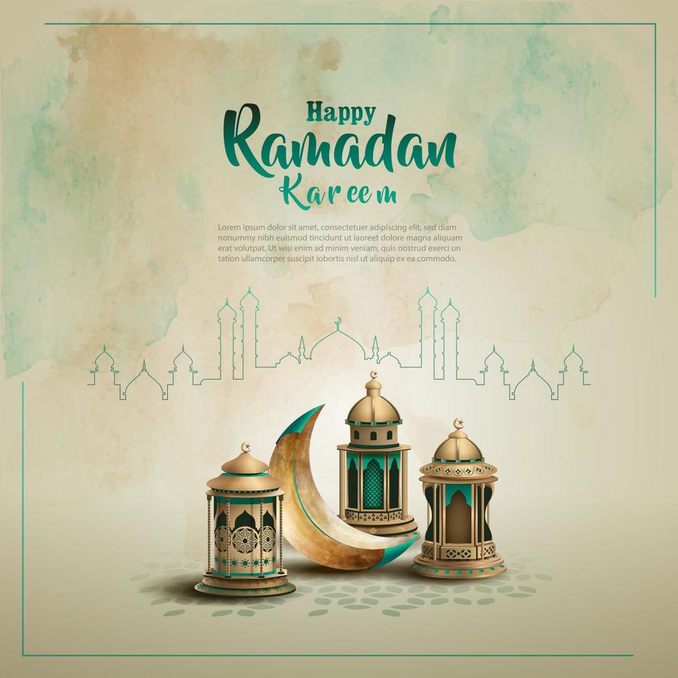 islamico saluto Ramadan kareem carta design con mezzaluna e lanterne vettore