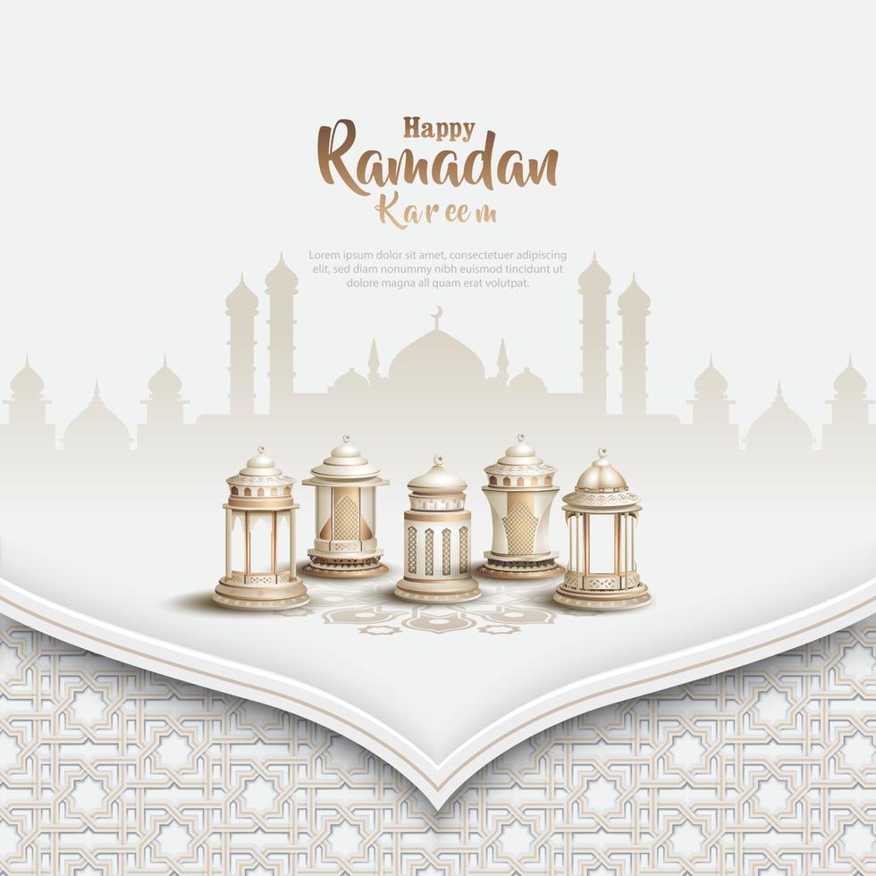 islamico saluto Ramadan carta design con bellissimo bianca lanterne vettore