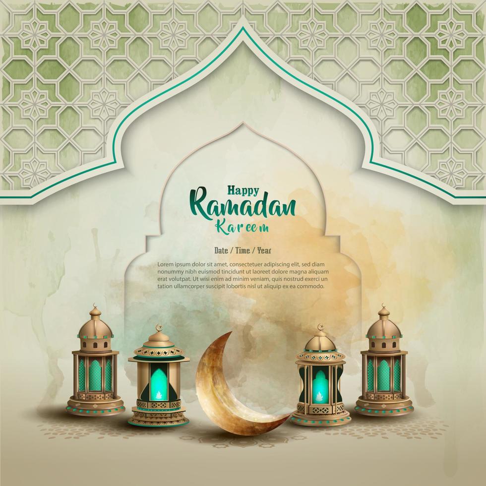 islamico saluto Ramadan carta design con mezzaluna Luna e lanterne vettore