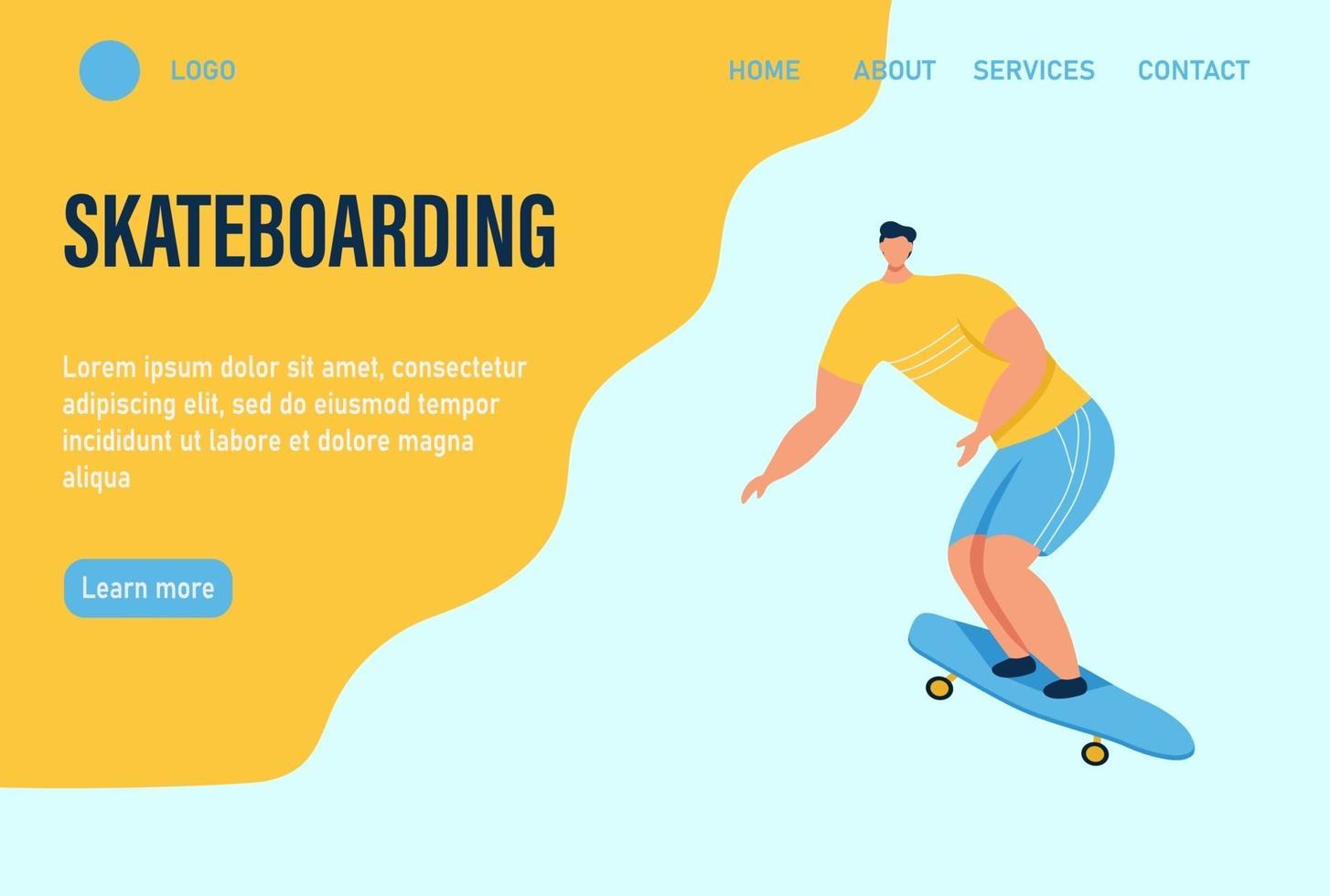 un giovane o un adolescente cavalca uno skateboard. modello di pagina web di destinazione della home page del sito Web. illustrazione vettoriale piatta.