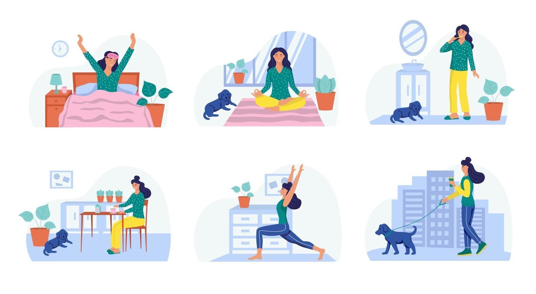 routine mattutina, una giovane donna si sveglia, medita, si lava i denti, fa colazione, fa yoga, porta a spasso il cane. il concetto di vita quotidiana, tempo libero quotidiano e attività lavorative. illustrazione vettoriale