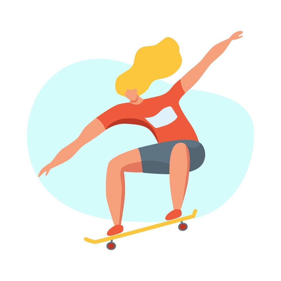 giovane donna lo skateboard. ragazza adolescente o skateboarder equitazione skateboard. personaggio dei cartoni animati femminile isolato su sfondo bianco. illustrazione vettoriale piatta.