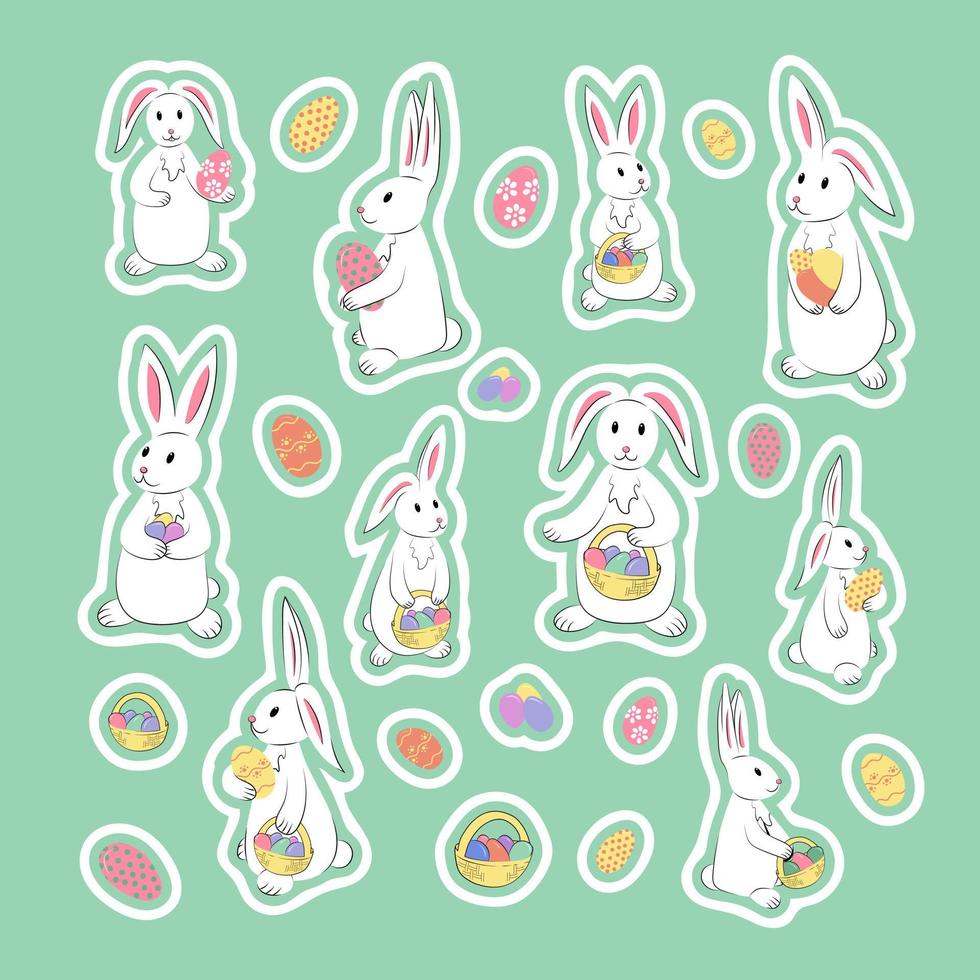 collezione di mano disegnato bianca carino Pasqua coniglietti, cesti con uova nel pastello colori. impostato di adesivi - coniglio, decorato uova, cestino con colorato uova. unico isolato vettore design elementi