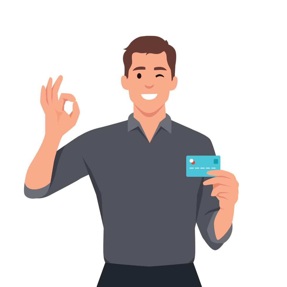 giovane uomo d'affari mostrando credito, addebito, ATM carta e fabbricazione va bene o ok gesto cartello con mano dita. persona Tenere digitale pagamento carta vettore