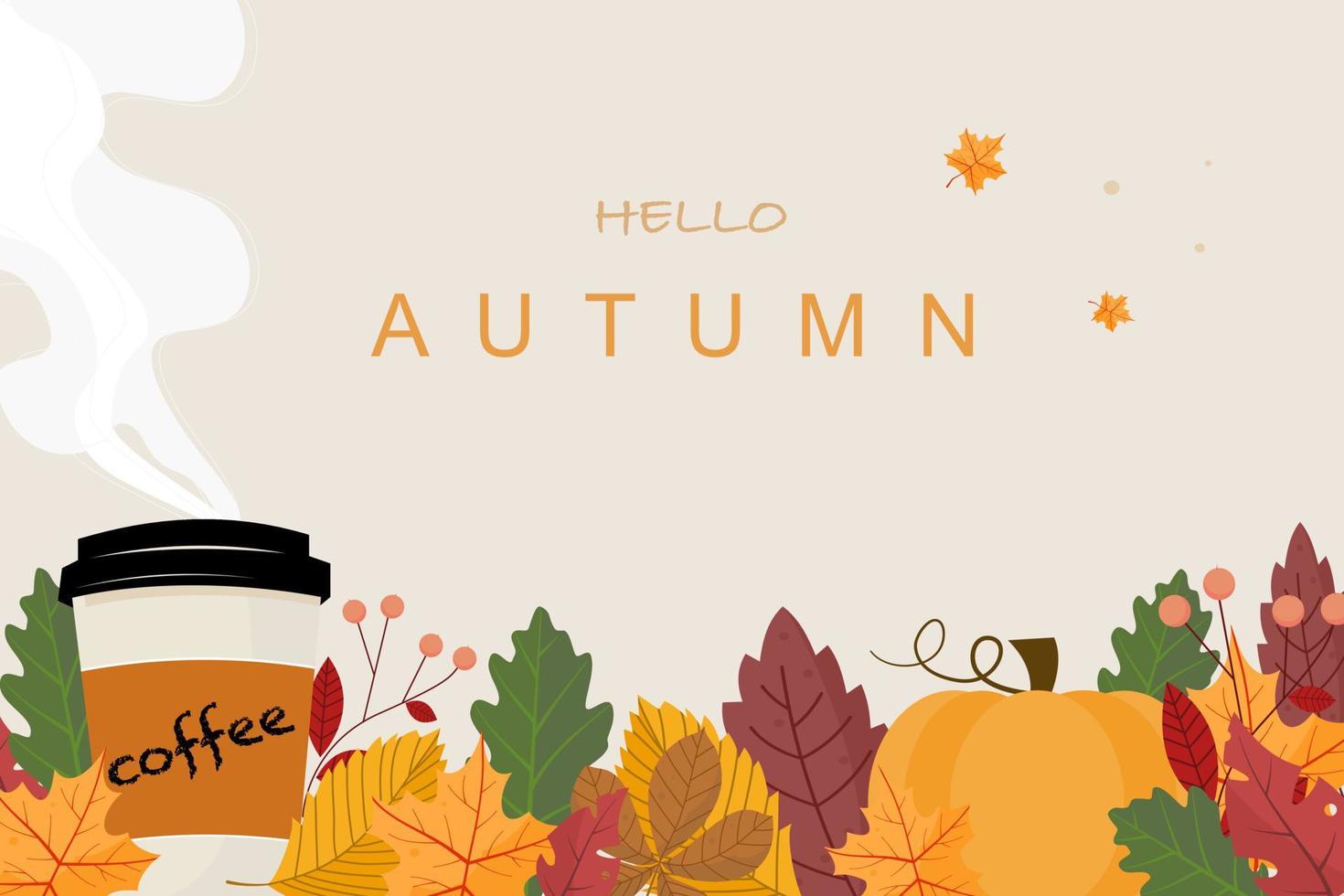 Ciao autunno. tazza di caffè, zucche e autunno le foglie sfondo. vettore illustrazione nel piatto design stile.